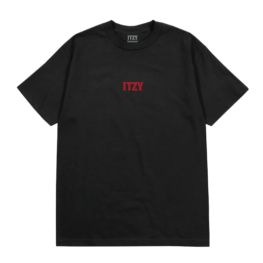 A black short-sleeve crewneck t-shirt featuring the red text 'ITZY' printed on the center chest, displayed flat