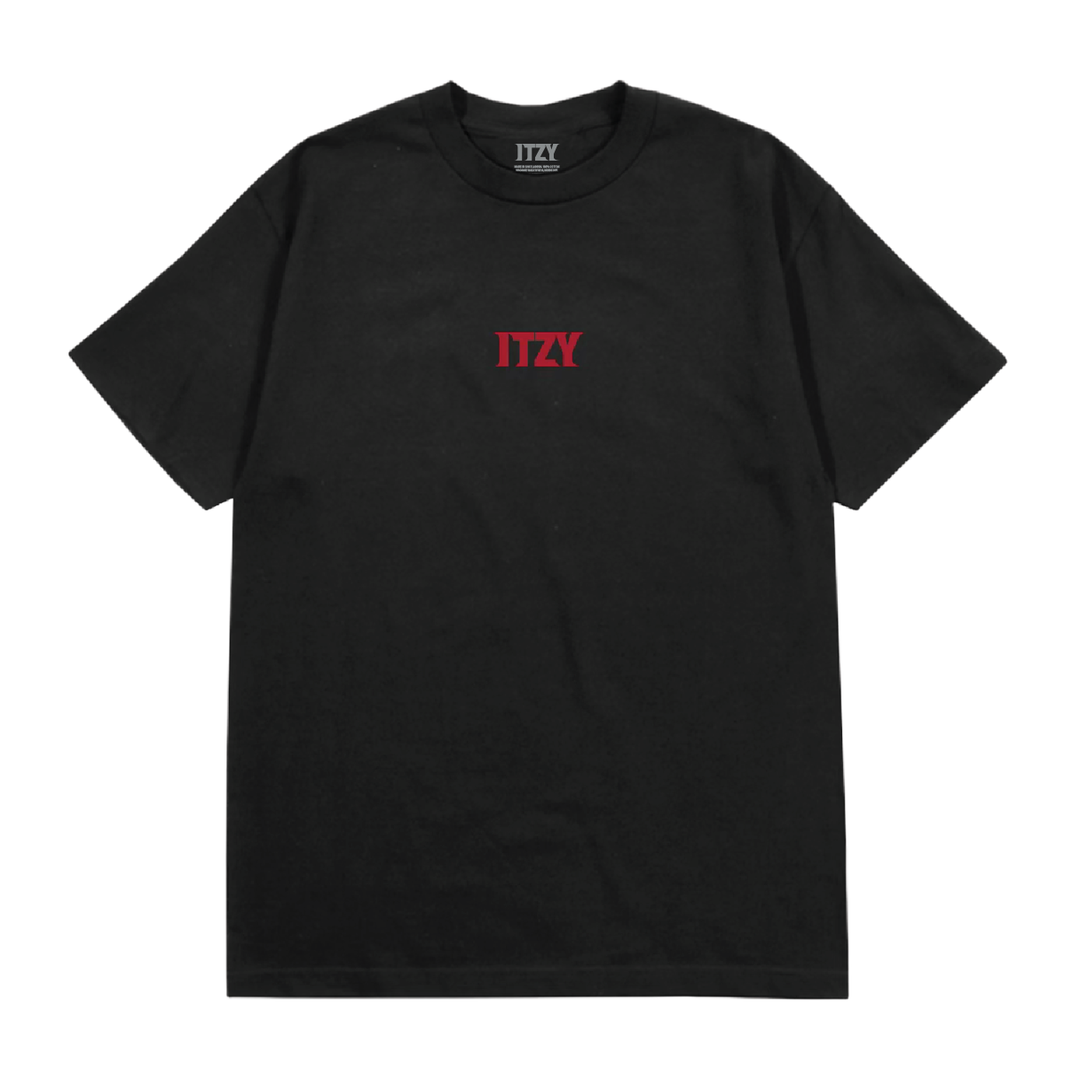 A black short-sleeve crewneck t-shirt featuring the red text 'ITZY' printed on the center chest, displayed flat 
